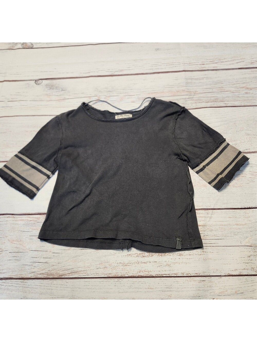 Free People Dark Gray Short Sleeve Top with Striped Sleeves Size Small